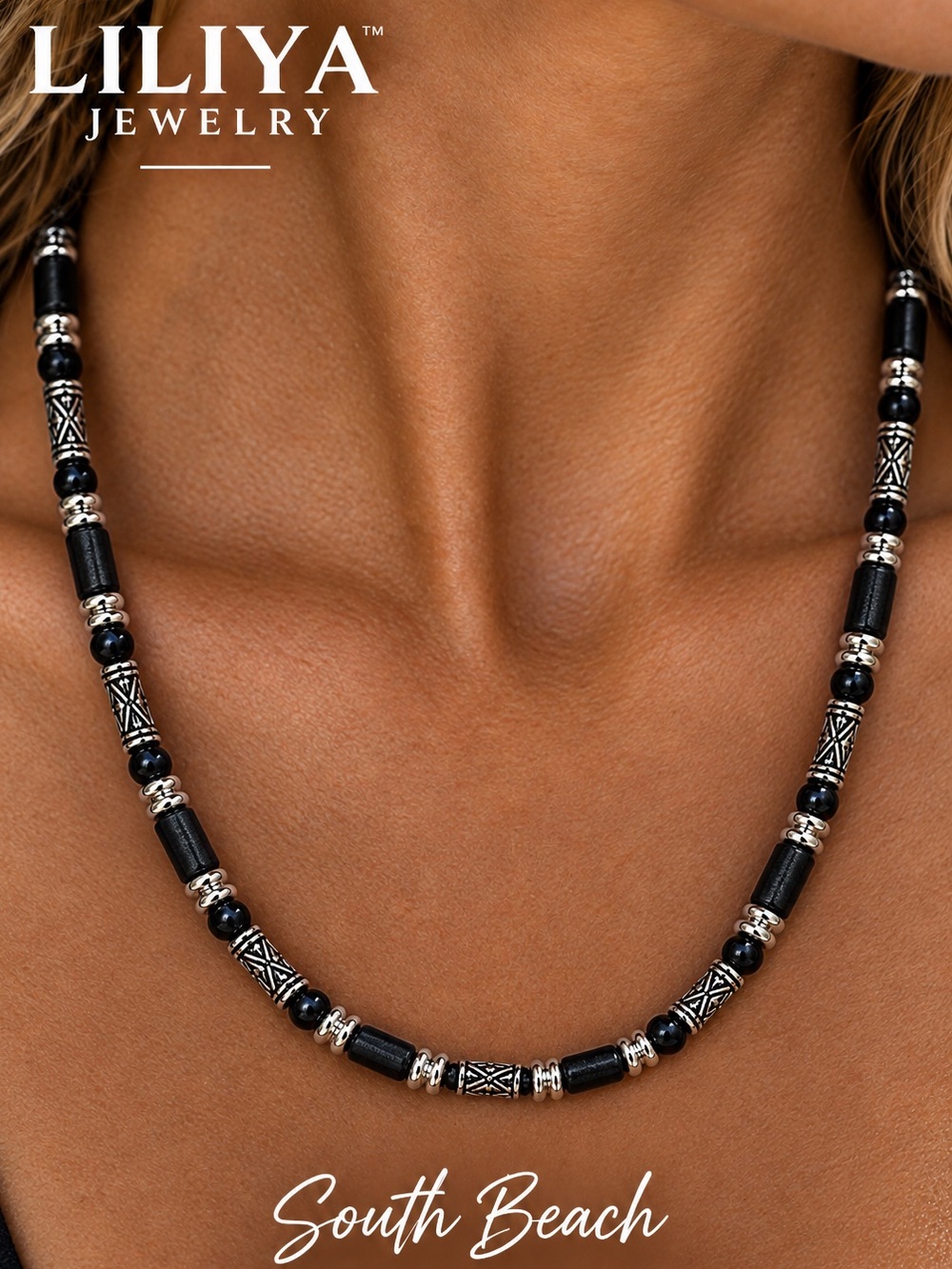 NEW Liliya South Beach Unisex Surfer Boho Onyx & Silver Handmade, 18”-21”